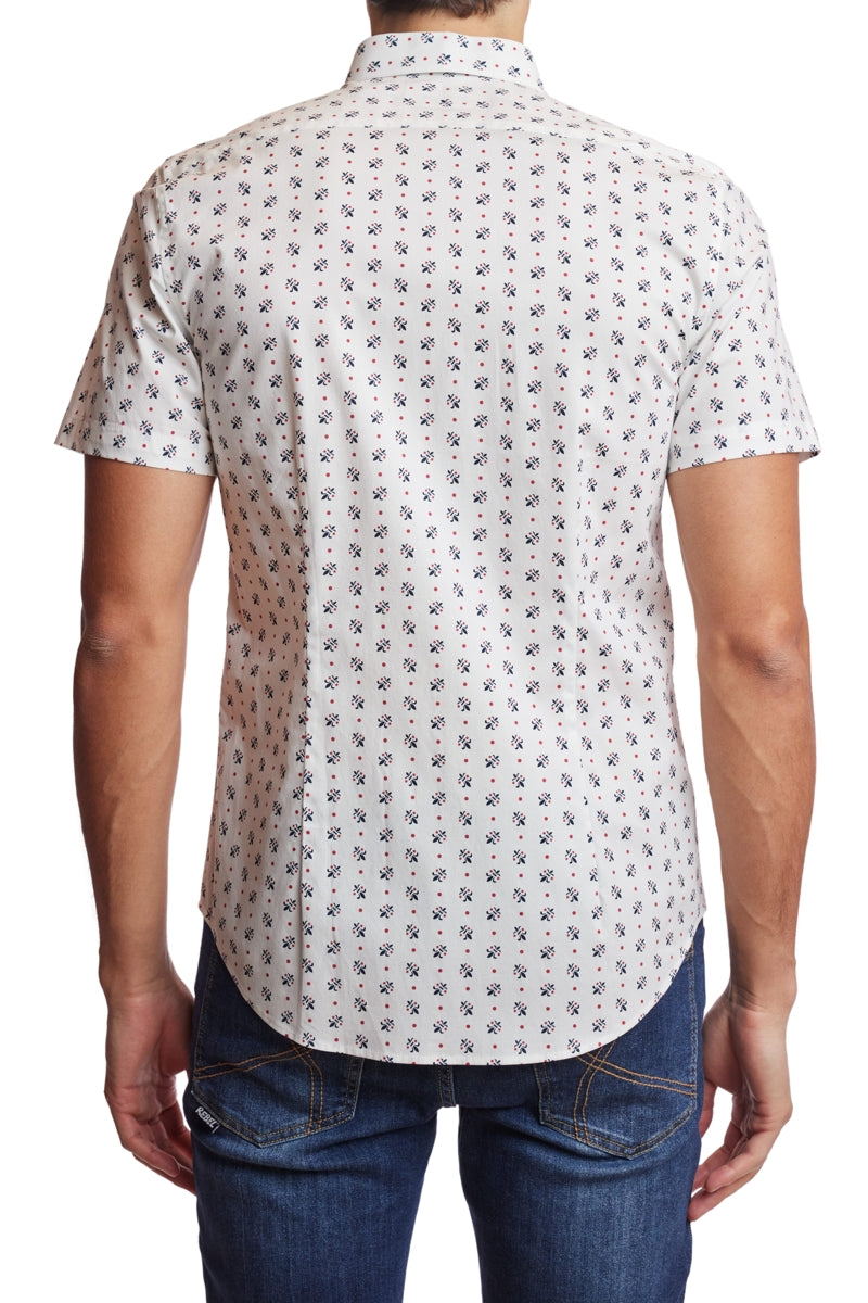 Wholesale,Paisley & Gray, Paisley & Gray White Fleur De Lis Print Short Sleeve Shirt, White, Small-40-TagM