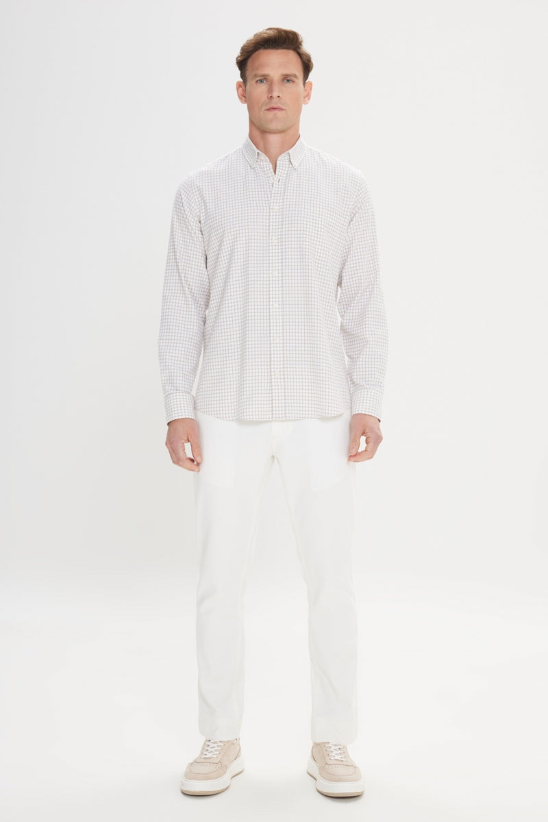 Wholesale,Altinyildiz Classics, Altinyildiz Classics Beige/White Plaid Seersucker Patterned Comfort Fit Shirt, Tan, Medium-44-TagMLarge-46-TagLExtra Large-48-TagXLExtra Extra Large-51-TagXXL