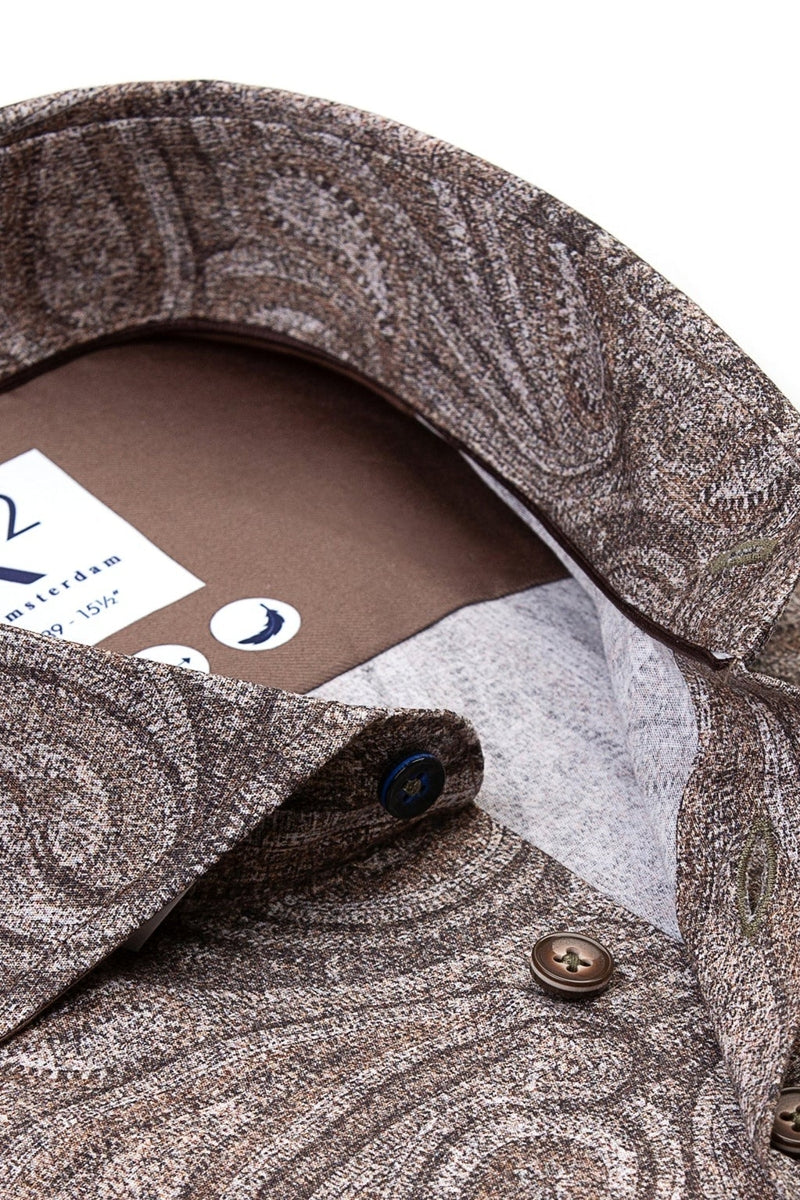 Direct From Brand,R2 Amsterdam, R2 Amsterdam Beige Paisley Print Stretch Shirt, Brown, Medium-42-Tag40Medium-44-Tag41Large-46-Tag42Extra Large-48-Tag43