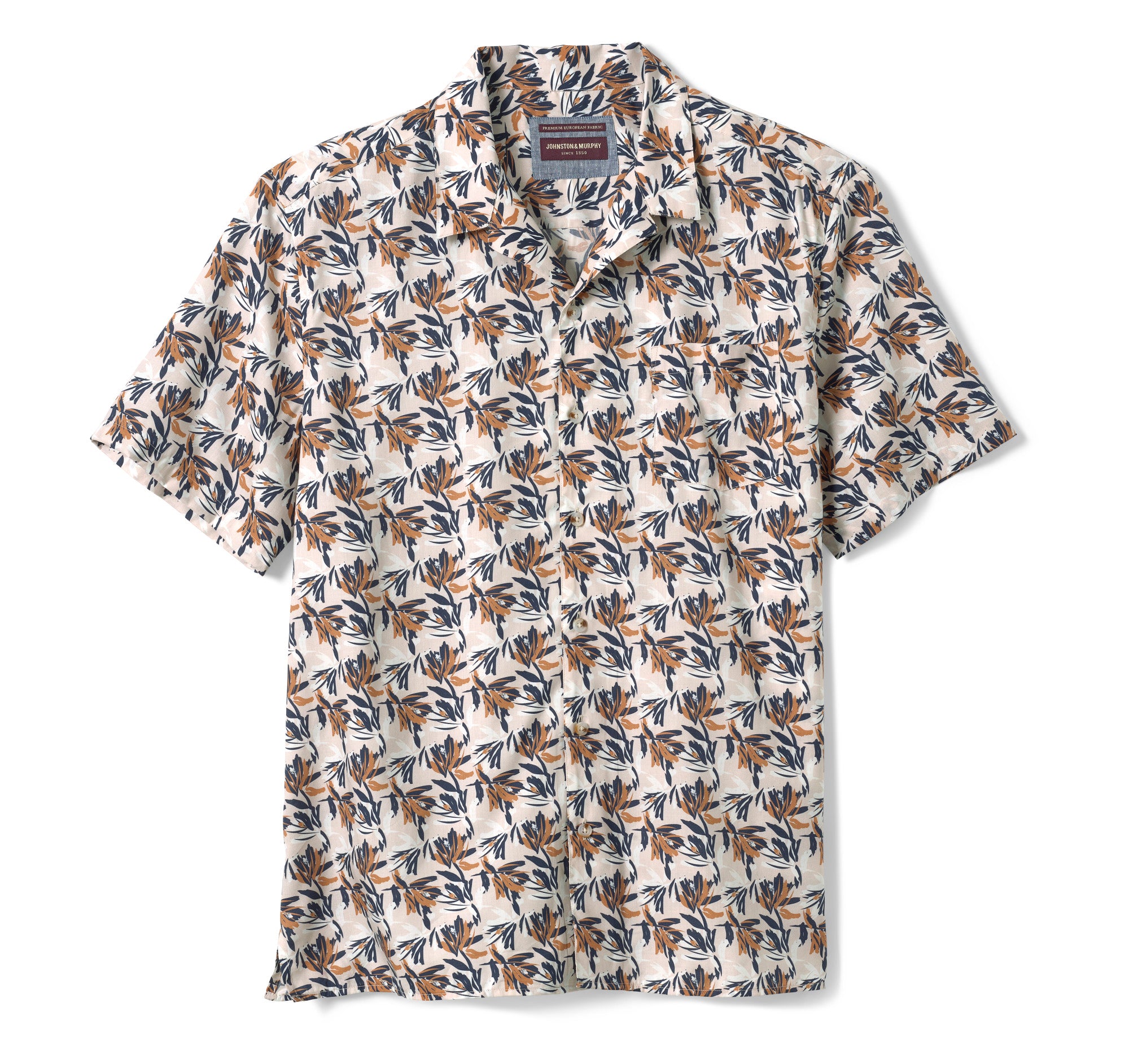 Wholesale,Johnston & Murphy, Johnston & Murphy Tan Foliage Print Cotton/Modal Blend Short Sleeve Camp Shirt, Tan, Small-42-TagSMedium-45-TagMLarge-48-TagLExtra Large-52-TagXLExtra Extra Large-54-TagXXL