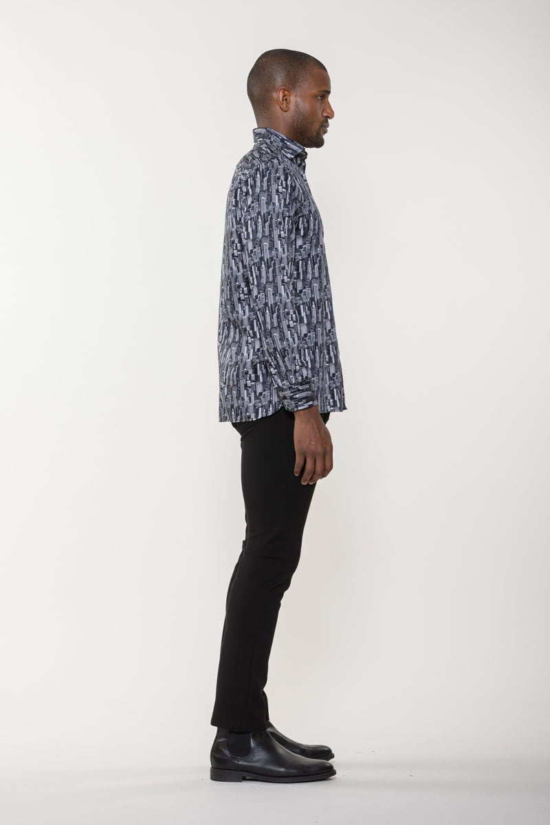 Wholesale,Luchiano Visconti, Luchiano Visconti Black City Scape Printed Shirt, Black, Small-42-TagSLarge-48-TagLExtra Large-50-TagXL