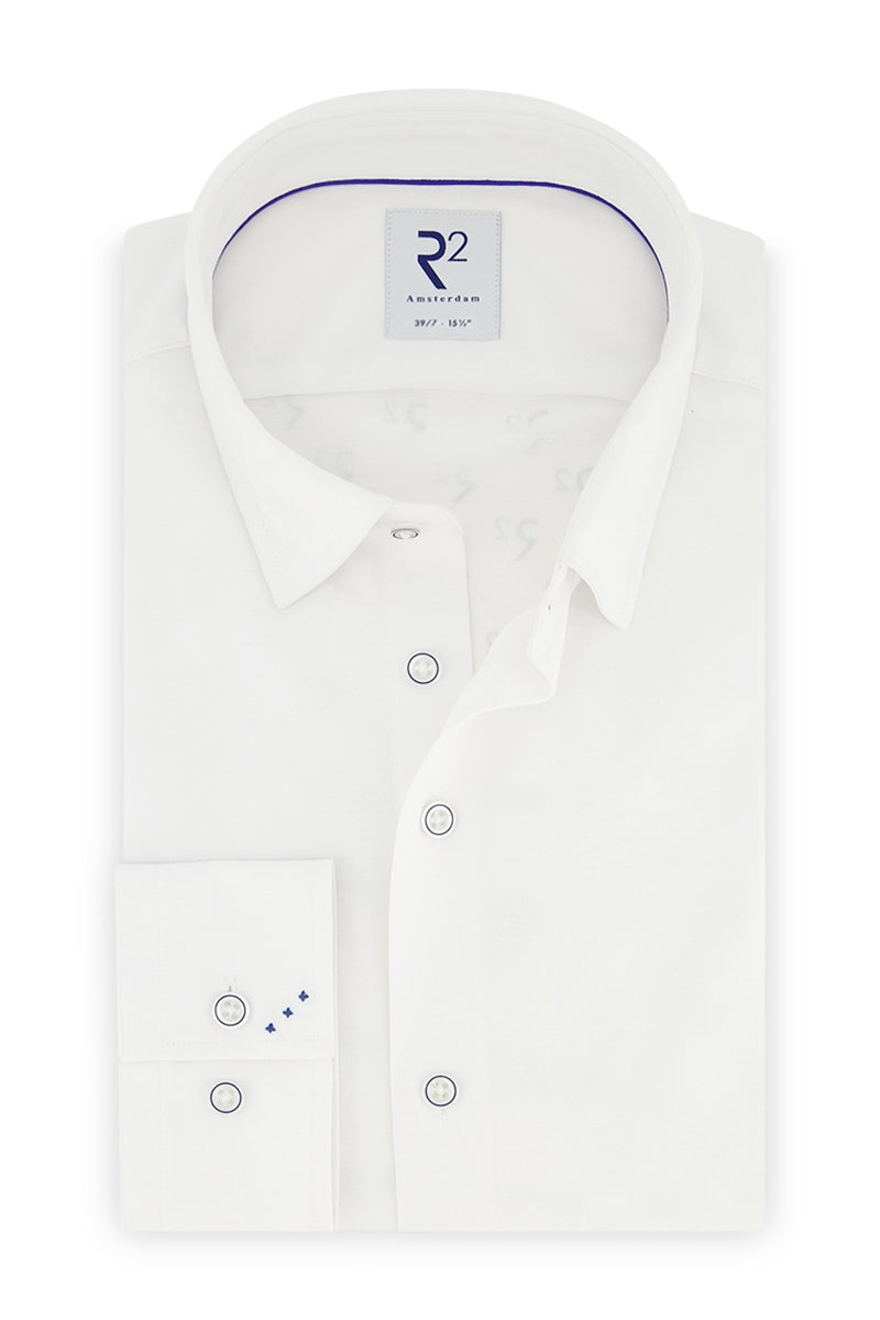 Direct From Brand,R2 Amsterdam, R2 Amsterdam White Knitted Pique Long Sleeve Dress Shirt, White, Medium-41-Tag39