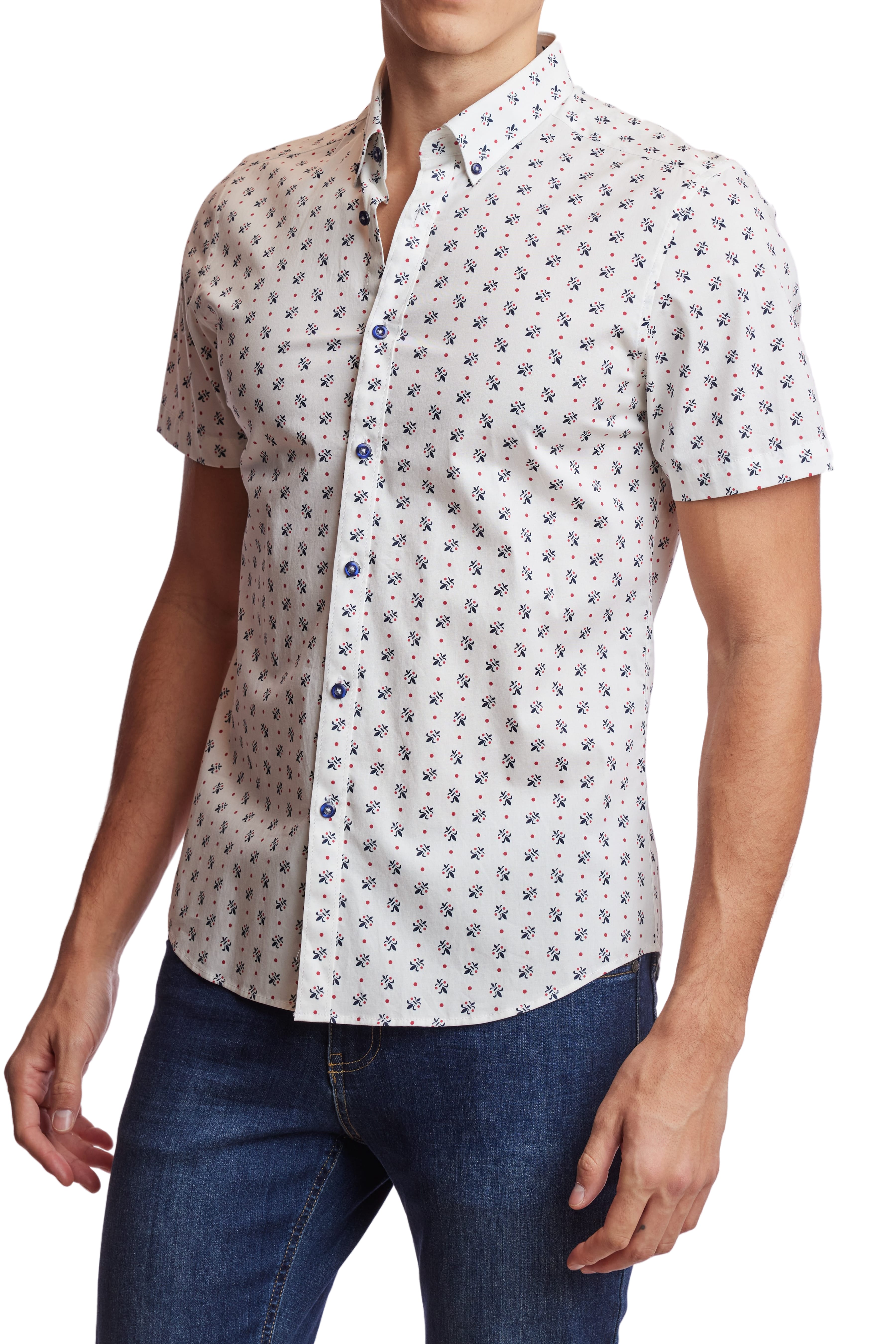 Wholesale,Paisley & Gray, Paisley & Gray White Fleur De Lis Print Short Sleeve Shirt, White, Small-38-TagS