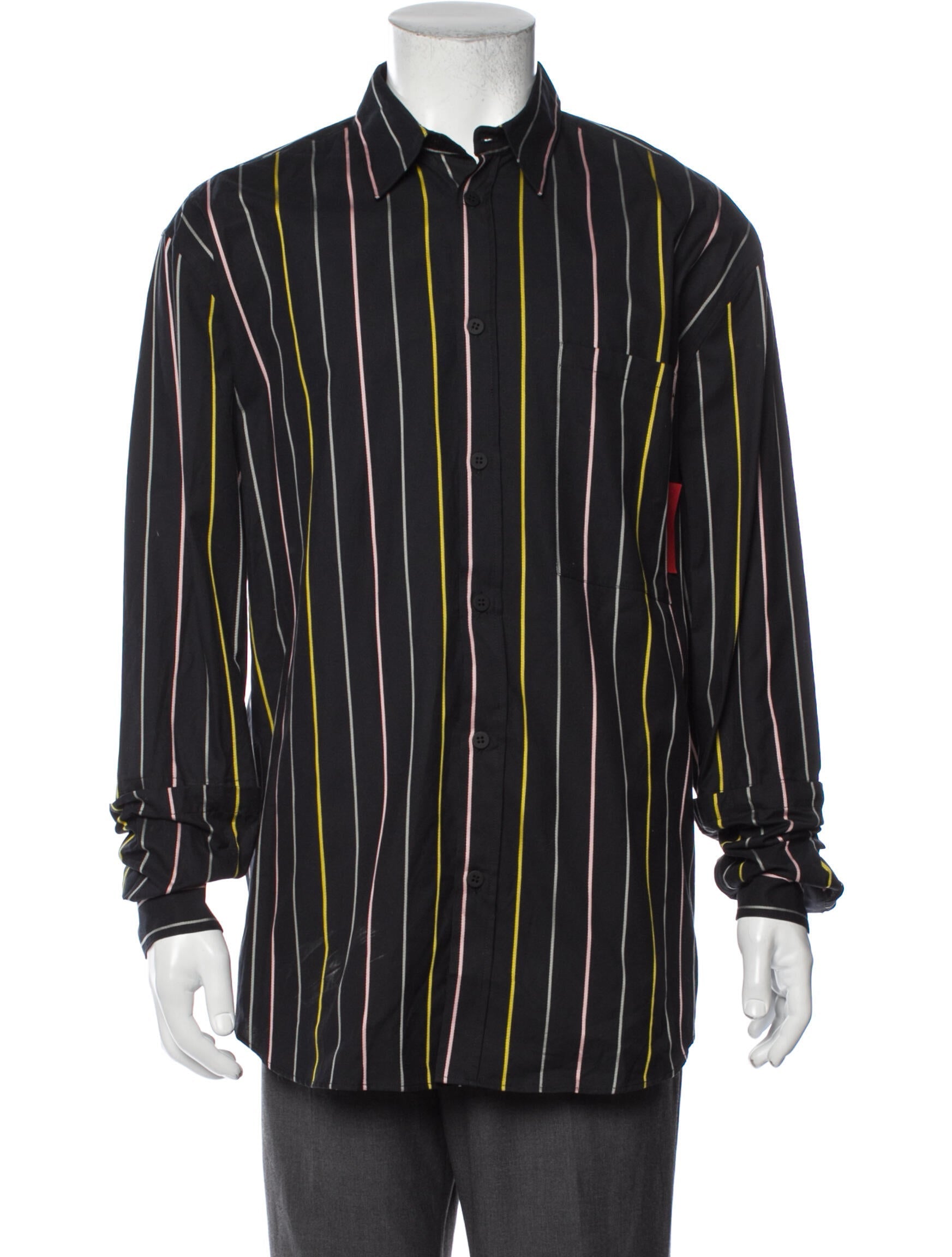 RealReal,Marcelo Burlon, Marcelo Burlon Black Striped Long Sleeve Dress Shirt with One-Button Barrel Cuffs, Black, Extra Large-50-TagS