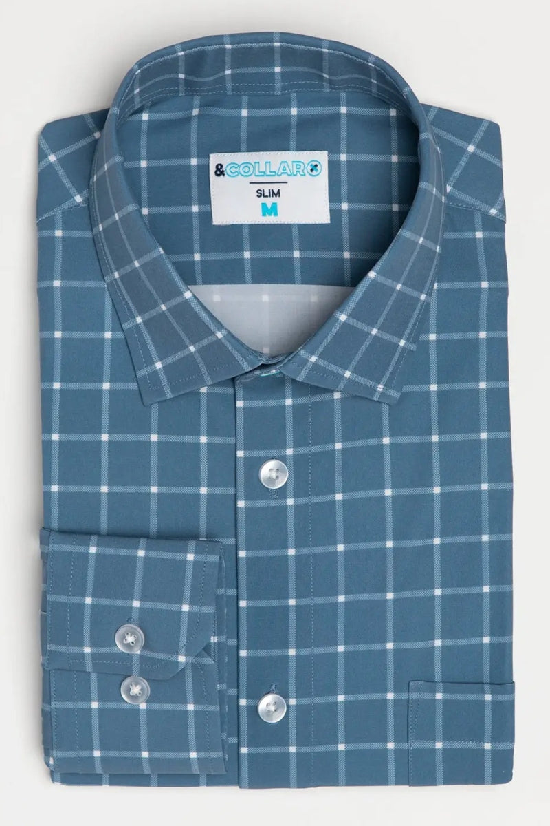 Faire,&Collar, &Collar Blue With White Plaid  Slim Fit Button Up Shirt, Blue, Medium-42-TagLSmall-39-TagSSmall-40-TagM