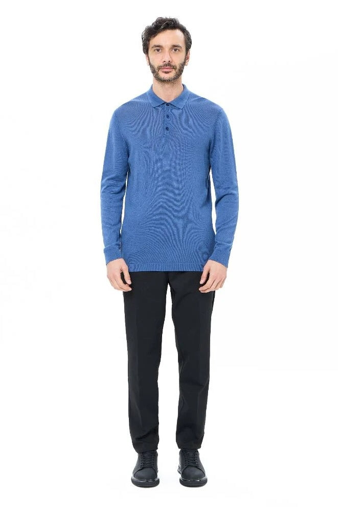 Wholesale,Luchiano Visconti, Luchiano Visconti Indigo 3-Button Tencel Long Sleeve Polo, Blue, Small-41-TagSMedium-43-TagMLarge-45-TagLExtra Large-48-TagXLExtra Extra Large-50-TagXXL