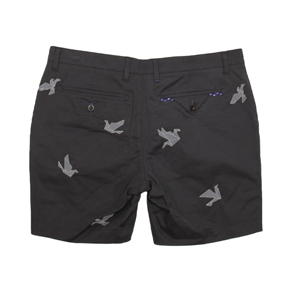 Lords of Harlech Black Embroidered Origami Birds Edward 7" Shorts with Butter Fabric in Peached Stretch Twill