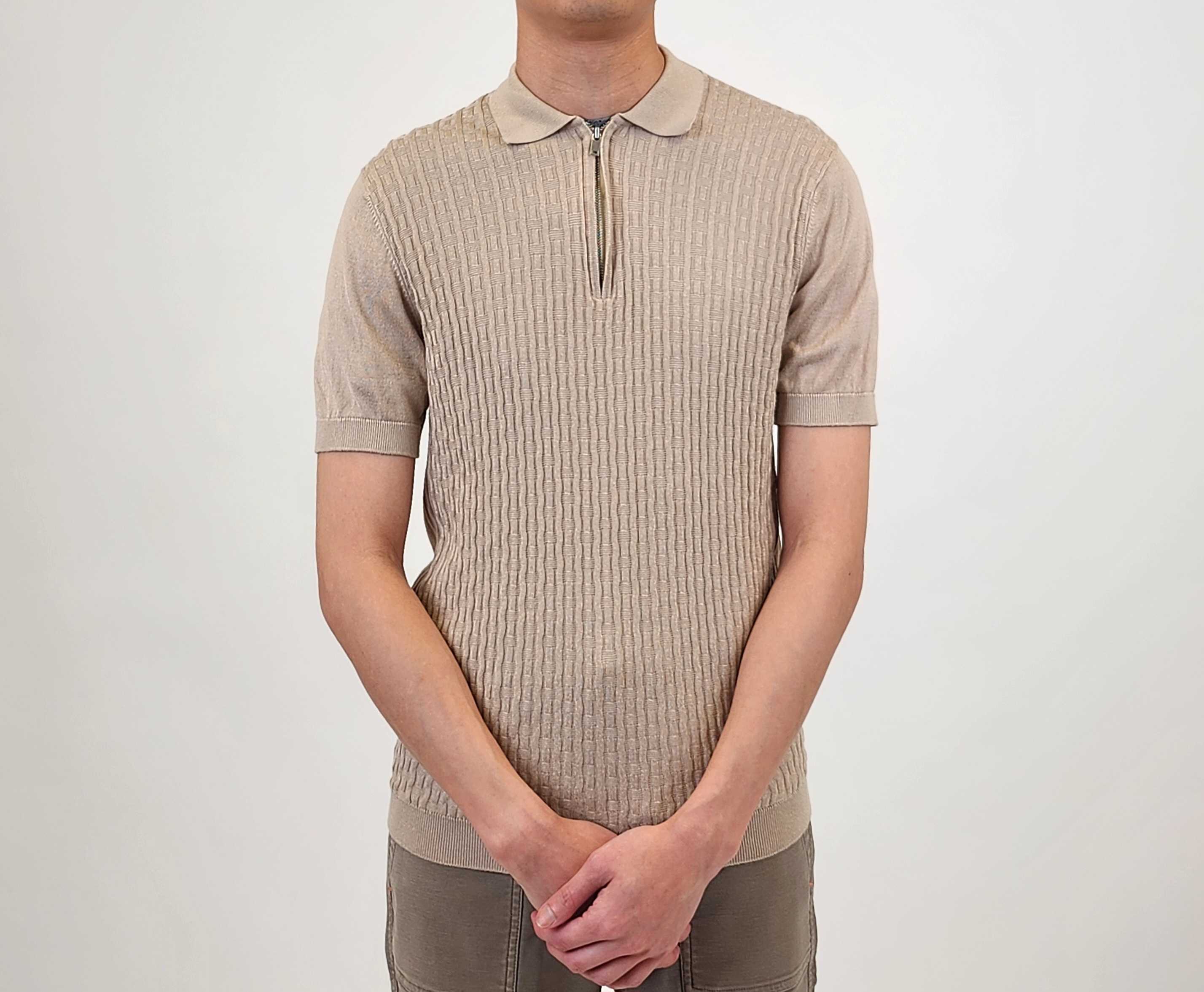 Wholesale,Suit Sartoria, Suit Sartoria Tan Geometric Textured Pattern Quarter Zip Knit Short Sleeve Polo, Tan, Small-38-TagS