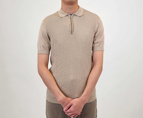 Suit Sartoria Tan Geometric Textured Pattern Quarter Zip Knit Short Sleeve Polo