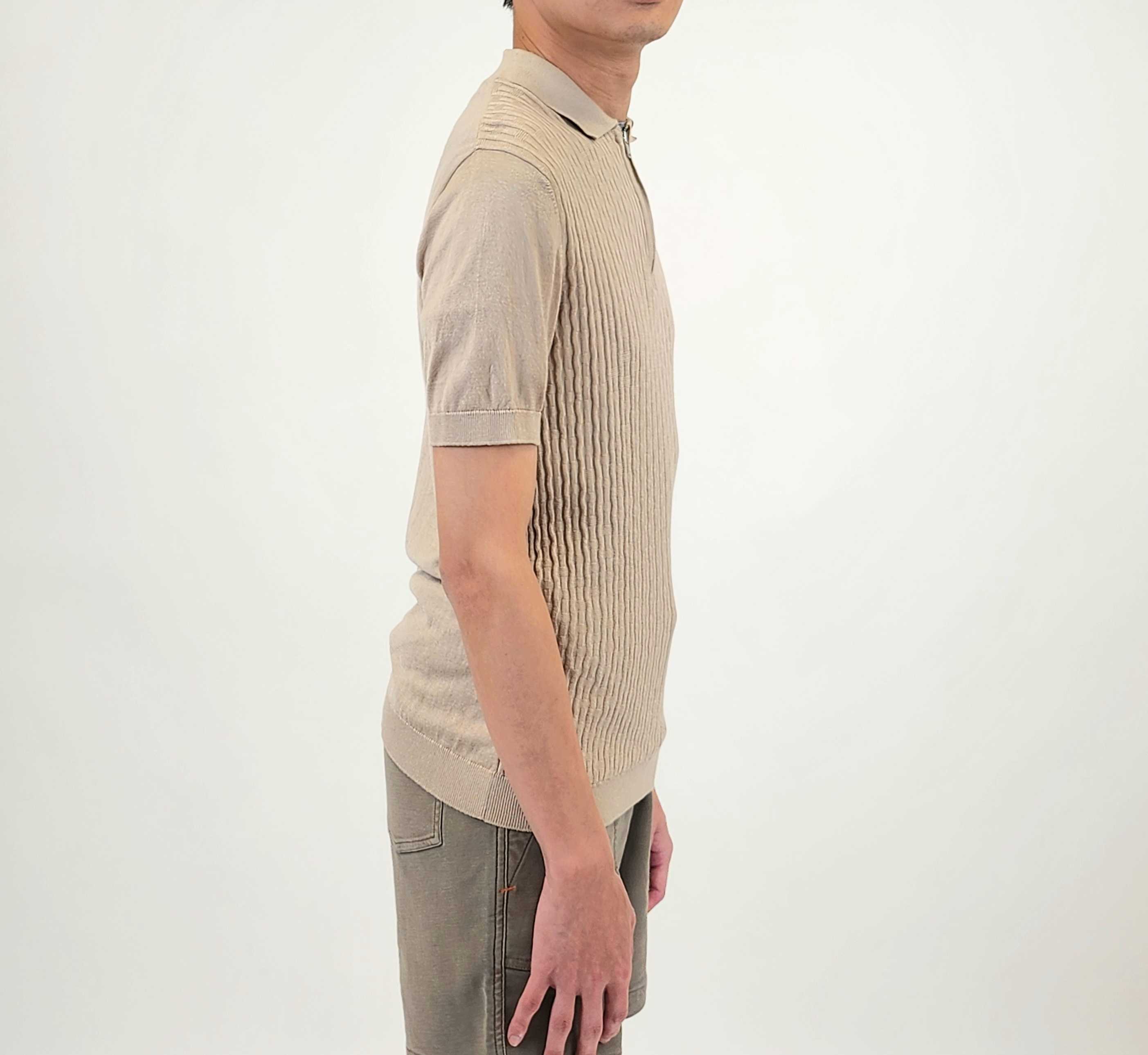 Wholesale,Suit Sartoria, Suit Sartoria Tan Geometric Textured Pattern Quarter Zip Knit Short Sleeve Polo, Tan, Large-42-TagL