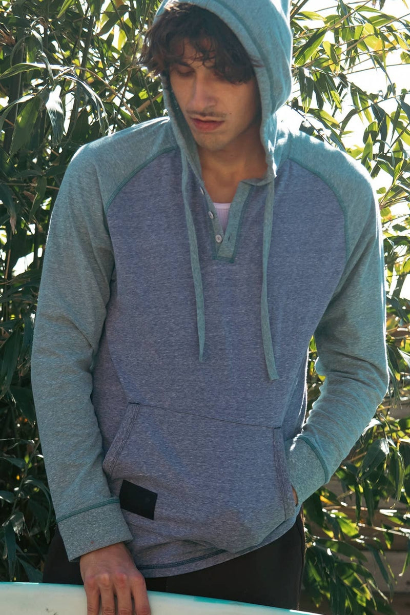 Faire,Zimego, Zimego Pastel Green/Grey Heathered Raglan Henley Hoodie, Green, Medium-41-TagMLarge-44-TagLExtra Extra Large-51-TagXXLExtra Large-48-TagXL