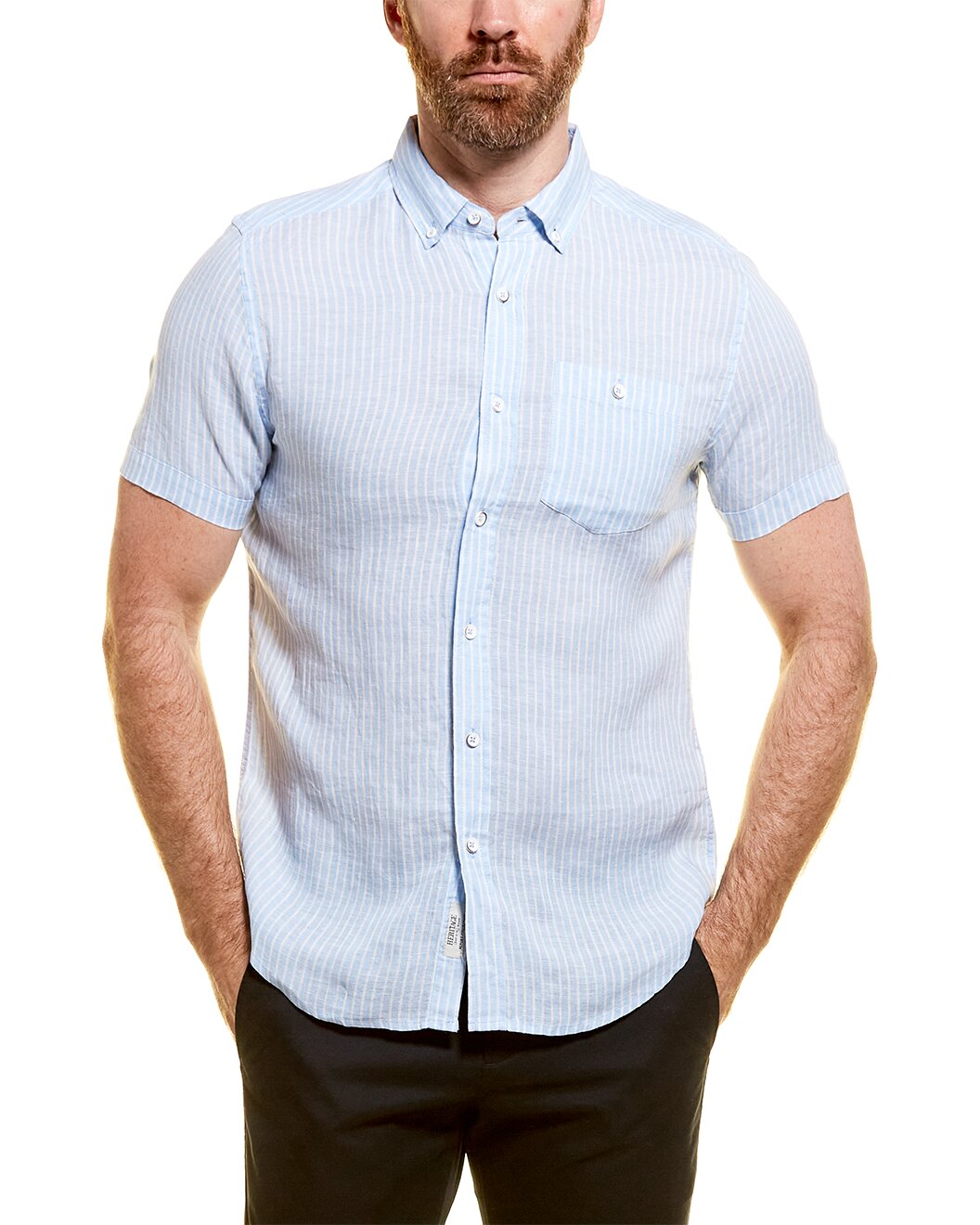GLIT, Report Collection Heritage Blue Striped Short Sleeve Button Up Shirt, Blue, Large-46-TagL