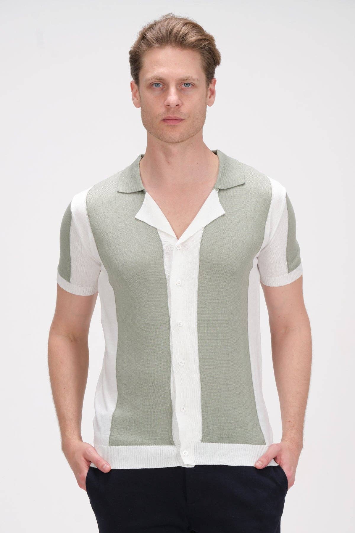 Faire,RNT 23, RNT 23 Green White Striped Knit Polo Shirt, Green, Small-40-TagS