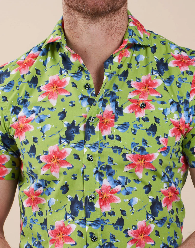 R2 Amsterdam Green Floral Print Cotton Short Sleeve Shirt