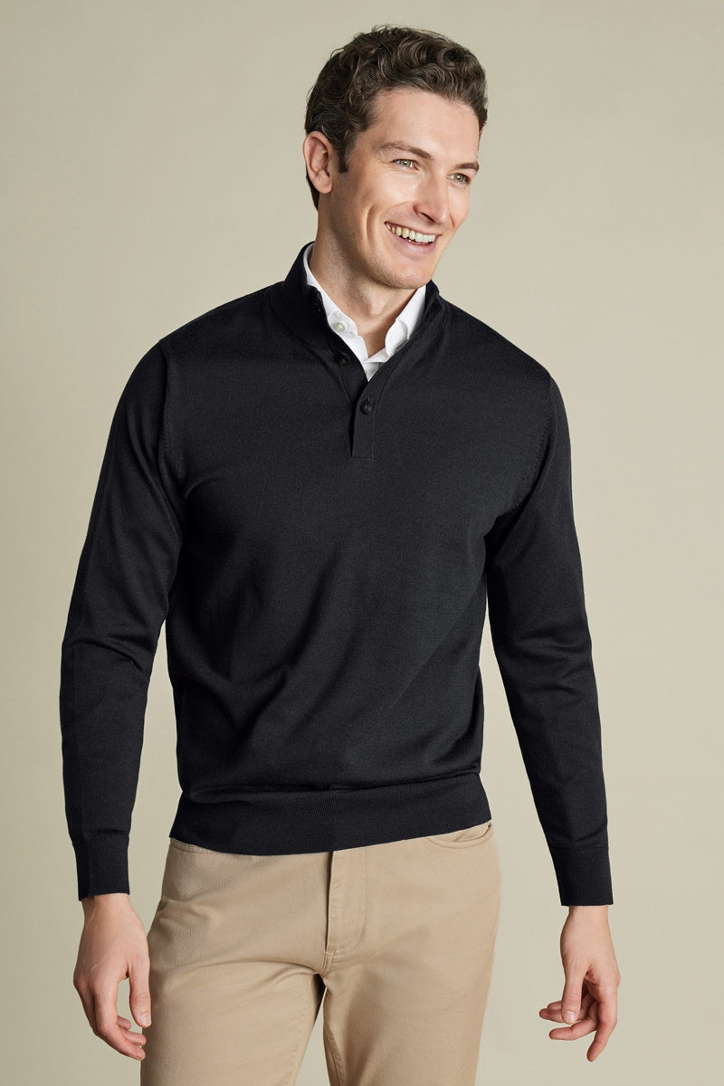 Wholesale,Charles Tyrwhitt, Charles Tyrwhitt Black Pure Merino Wool Button Neck Pullover, Black, Small-39-TagS