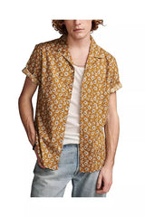 Lucky Brand Gold Dandelion Printed Camp Collar Short Sleeve Shirt