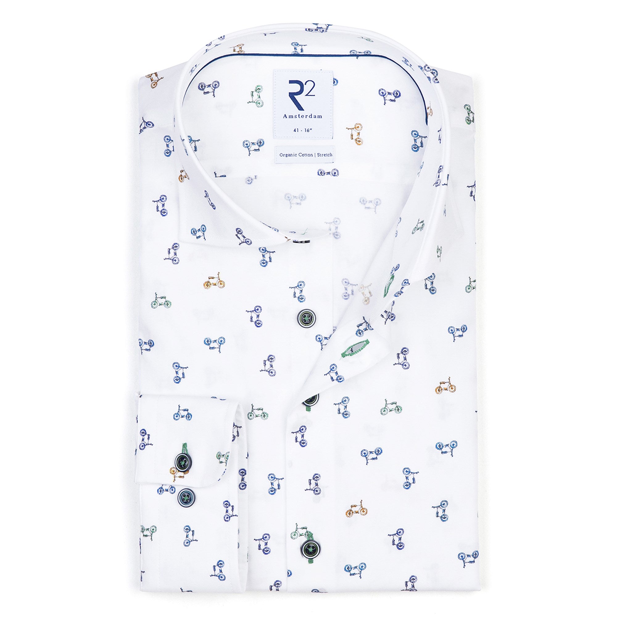 Brand Partner,R2 Amsterdam, R2 Amsterdam White With Multi-Colored Bicycle Print Long Sleeve Button Up Shirt, White, Large-45-Tag41