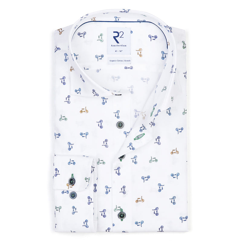 R2 Amsterdam White With Multi-Colored Bicycle Print Long Sleeve Button Up Shirt