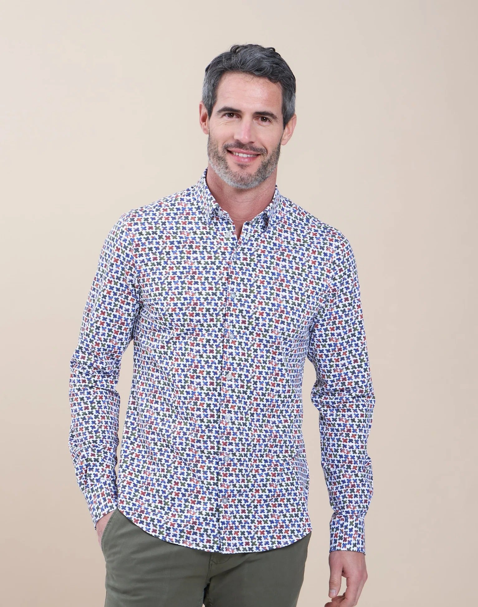 Brand Partner,R2 Amsterdam, R2 Amsterdam White With Criss Cross Print Long Sleeve Button Up Shirt, White, Extra Extra Large-52-Tag45