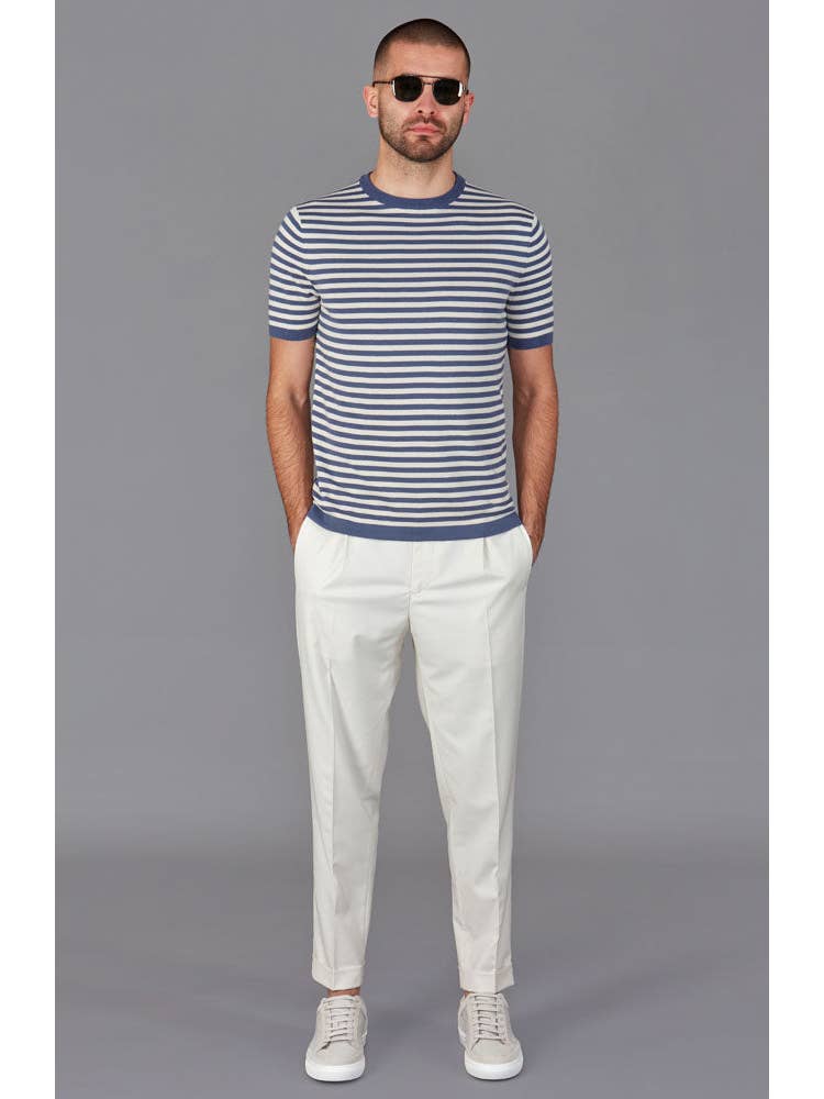 Faire,Paul James, Paul James Pastel Blue Knit Cotton Breton Stripe T-Shirt, Blue, Extra Large-46-TagXL
