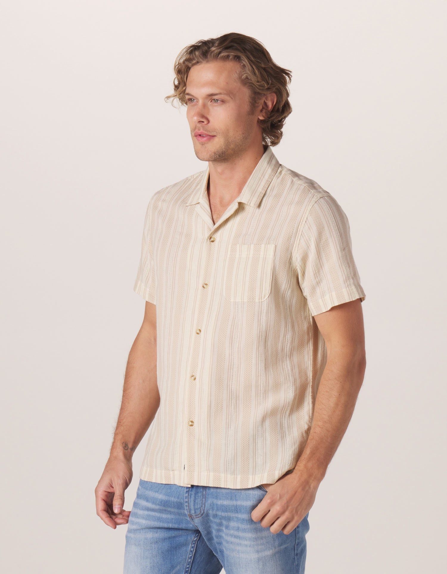 Wholesale,The Normal Brand, The Normal Brand Beige Stripe Puckered Texture Freshwater Camp Button Up Shirt, Tan, Large-47-TagLExtra Large-50-TagXLSmall-41-TagSMedium-44-TagMExtra Extra Large-55-TagXXL