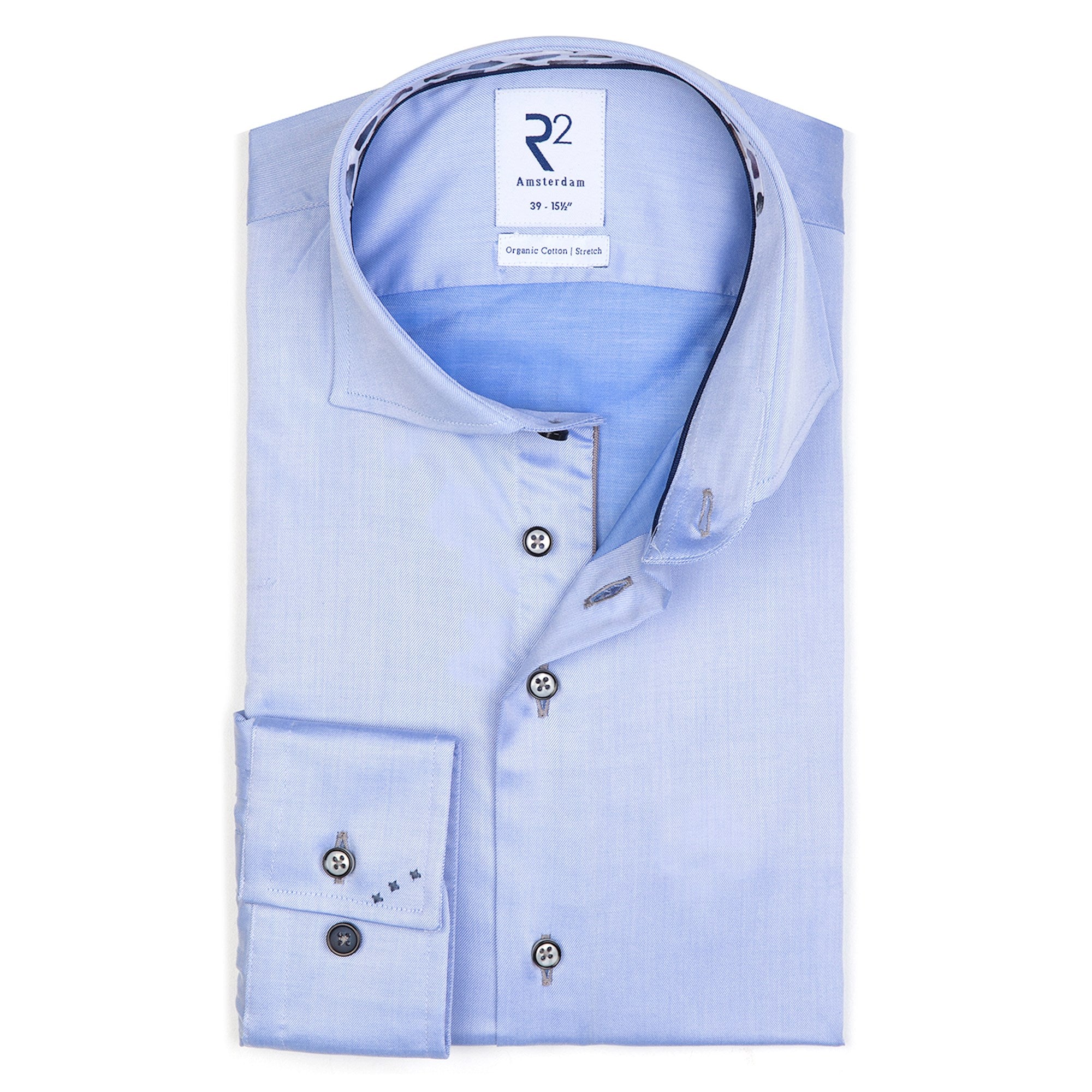 Brand Partner,R2 Amsterdam, R2 Amsterdam Light Blue Shiny Long Sleeve Button Up Shirt, Blue, Extra Large-50-TagXL