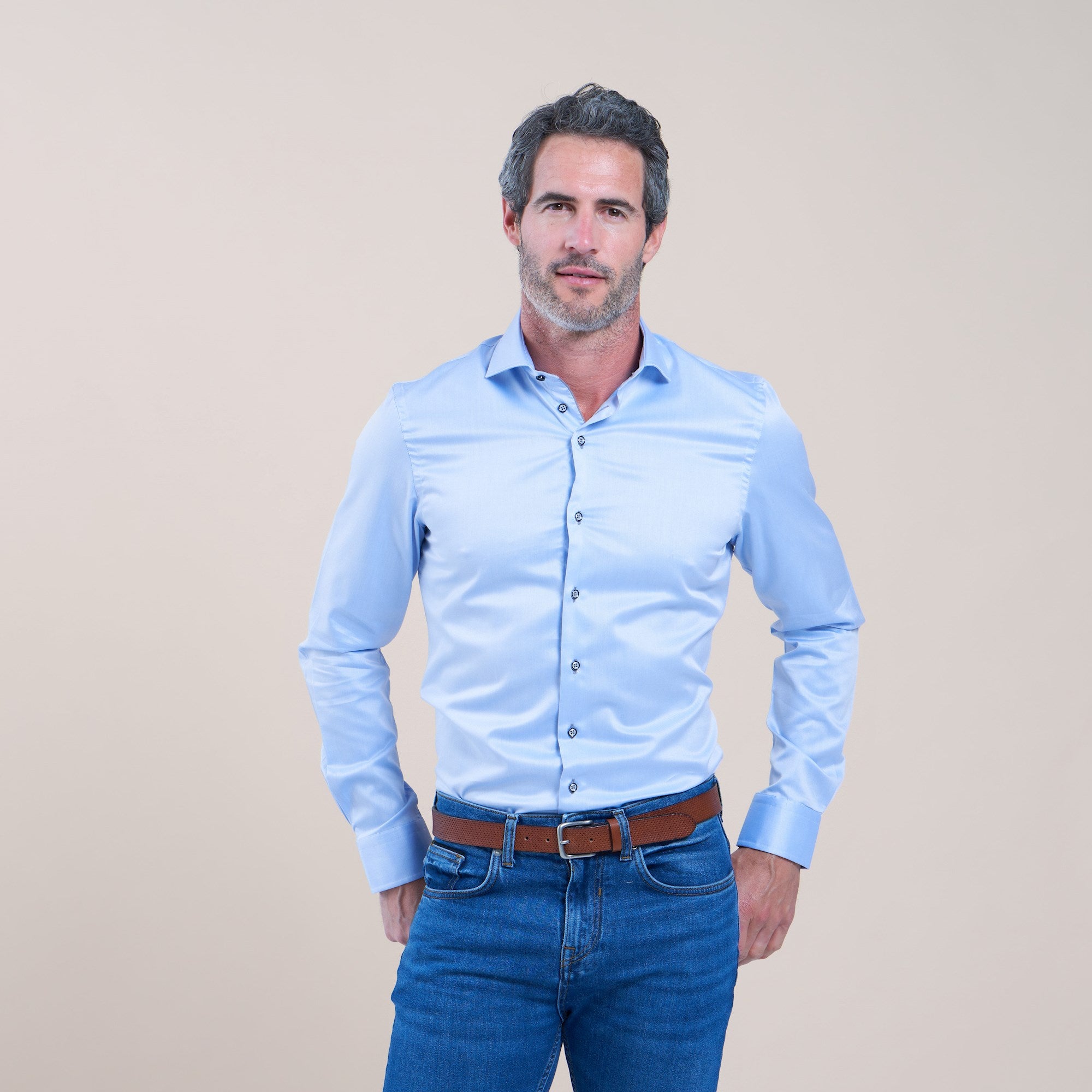 Brand Partner,R2 Amsterdam, R2 Amsterdam Light Blue Shiny Long Sleeve Button Up Shirt, Blue, Extra Large-50-TagXL