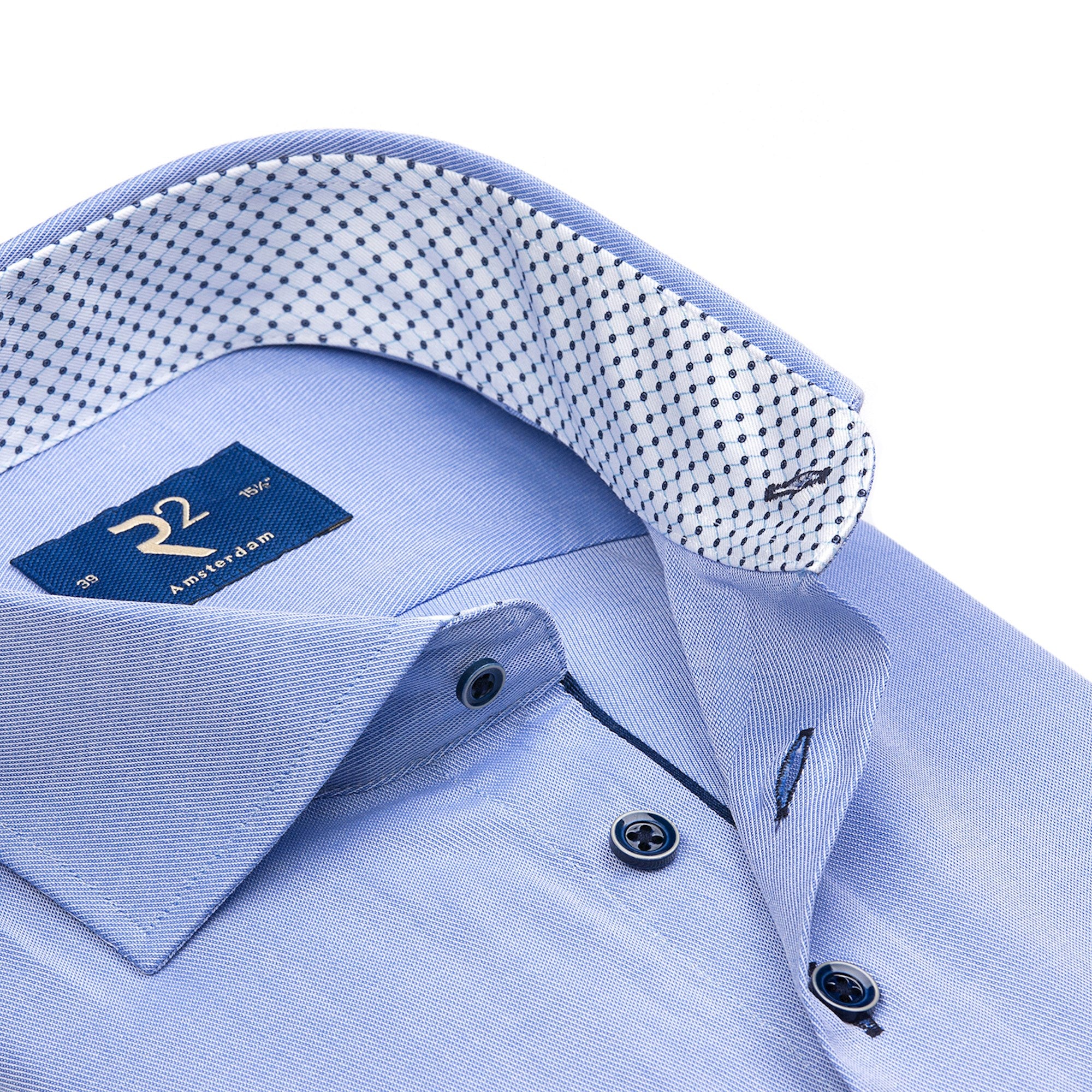 Brand Partner,R2 Amsterdam, R2 Amsterdam Blue Long Sleeve Button Up Shirt With Dotted Collar And Cuff Detail, Blue, Extra Large-48-TagXL