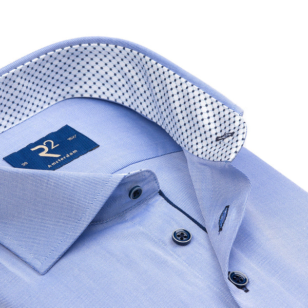 R2 Amsterdam Blue Long Sleeve Button Up Shirt With Dotted Collar And Cuff Detail