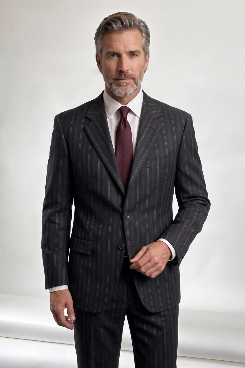 RealReal,Canali, Canali Black with Tonal Brown Stripes 3 Button Blazer, Black, Small-42-Tag48