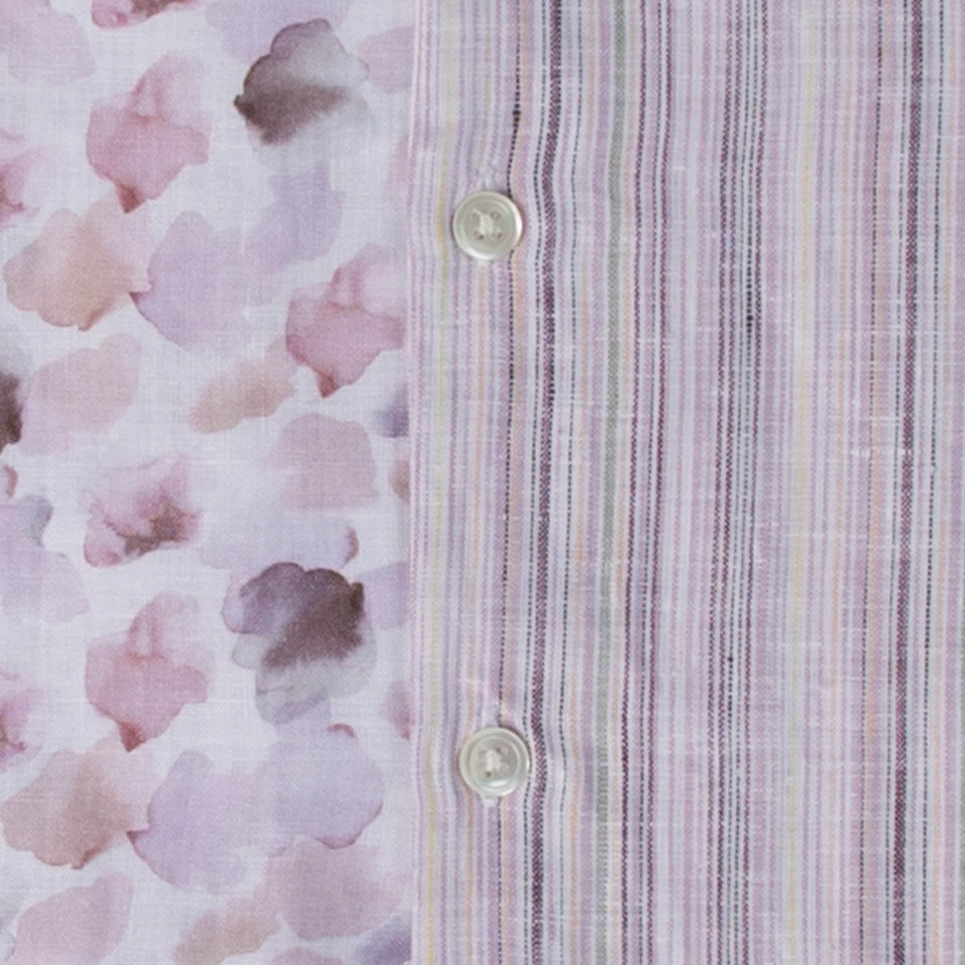 Brand Partner,Stitch Note, Stitch Note Violet Half Watercolor Print Half Vertical Stripe European Linen Split Body Shirt, Purple, Medium-42-TagM