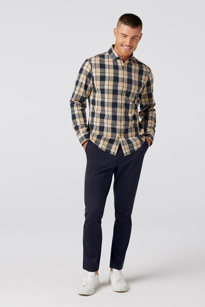 Wholesale,Mizzen + Main, Mizzen + Main Khaki/Navy Plaid Trim Flannel Shirt, Tan, Medium-42-TagMLarge-46-TagLExtra Large-48-TagXL