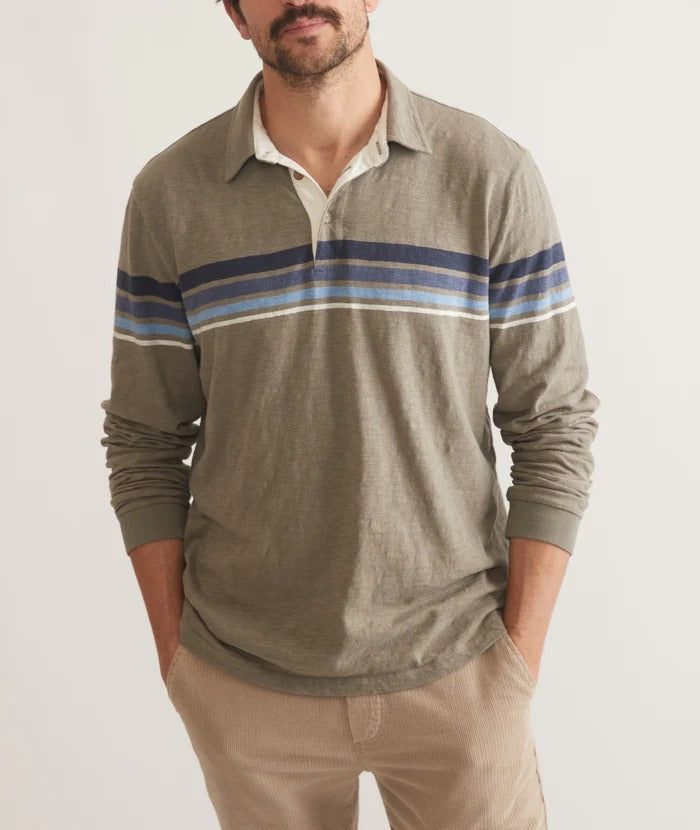 Wholesale,Marine Layer, Marine Layer Green/Blue Stripe Vintage Heavy Slub Rugby Polo, Green, Small-41-TagSLarge-47-TagLExtra Large-50-TagXLMedium-44-TagMExtra Extra Large-53-TagXXL