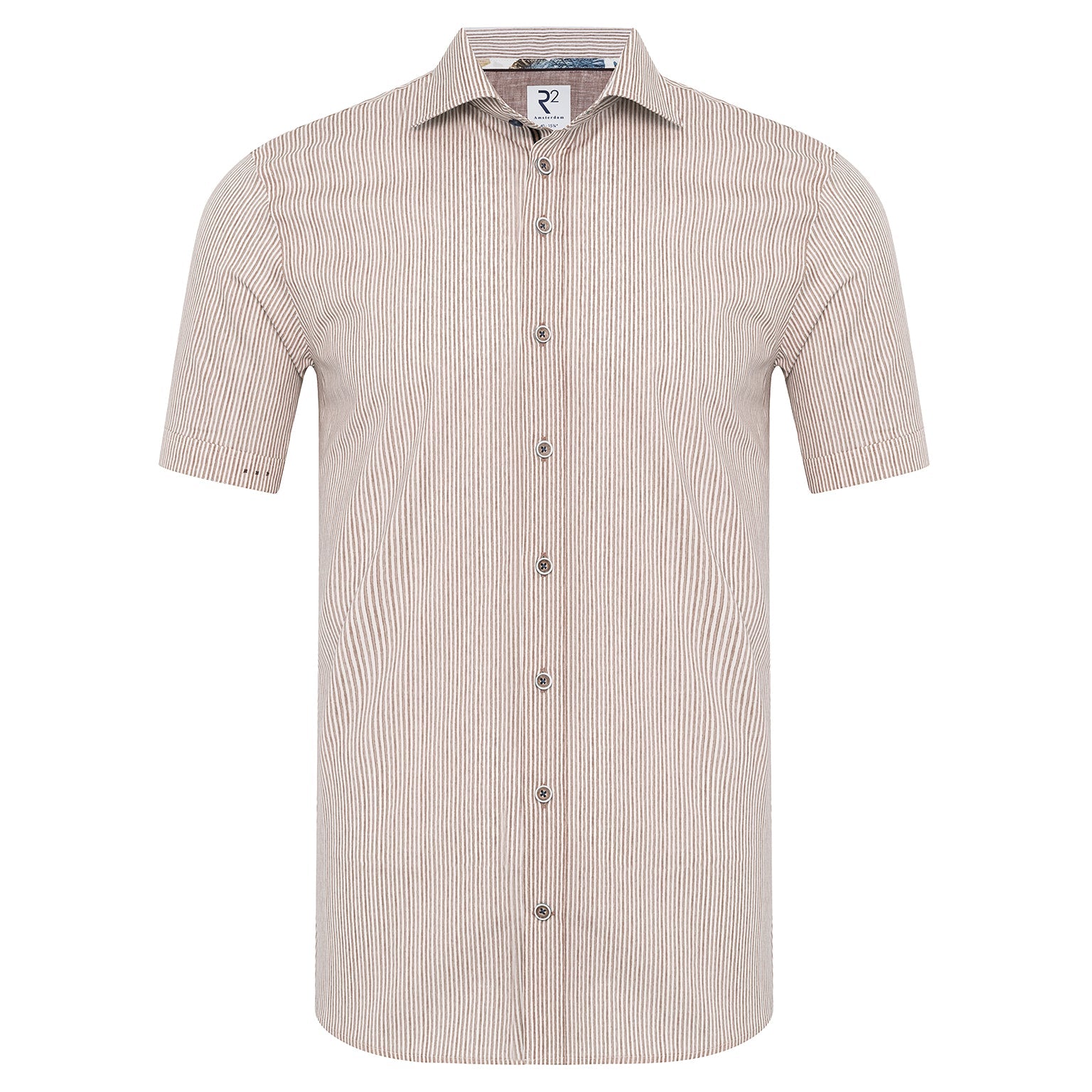 Direct From Brand,R2 Amsterdam, R2 Amsterdam Brown/White Stripped Stretch Short Sleeve Button Up Shirt, Brown, Large-44-Tag41