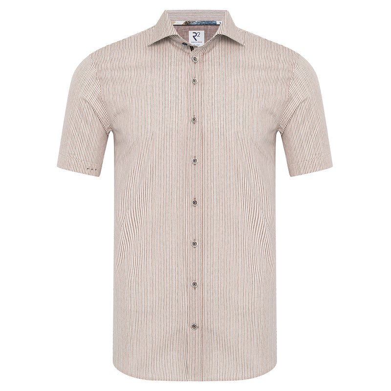 R2 Amsterdam Brown/White Stripped Stretch Short Sleeve Button Up Shirt