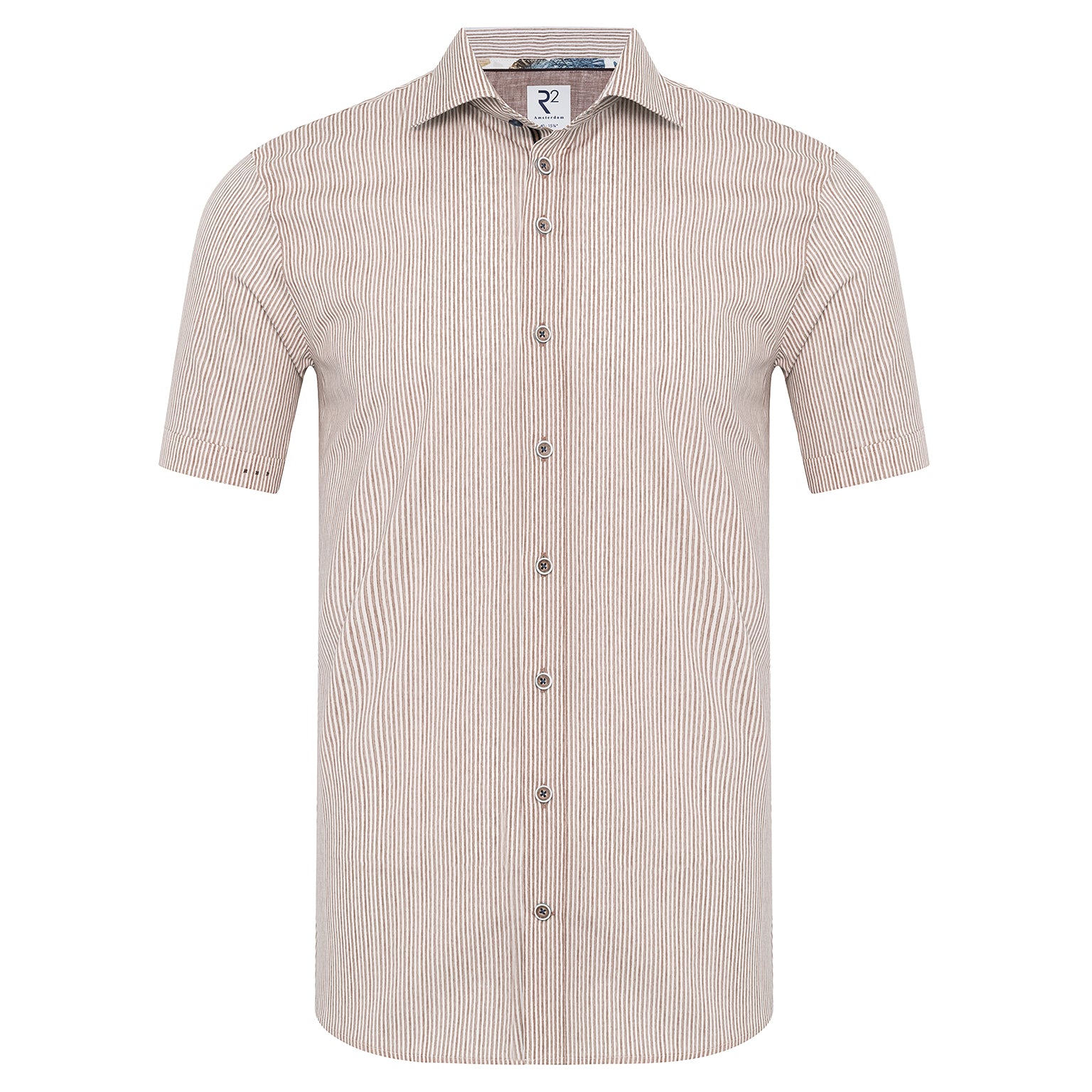 Direct From Brand,R2 Amsterdam, R2 Amsterdam Brown/White Stripped Stretch Short Sleeve Button Up Shirt, Brown, Large-44-Tag41