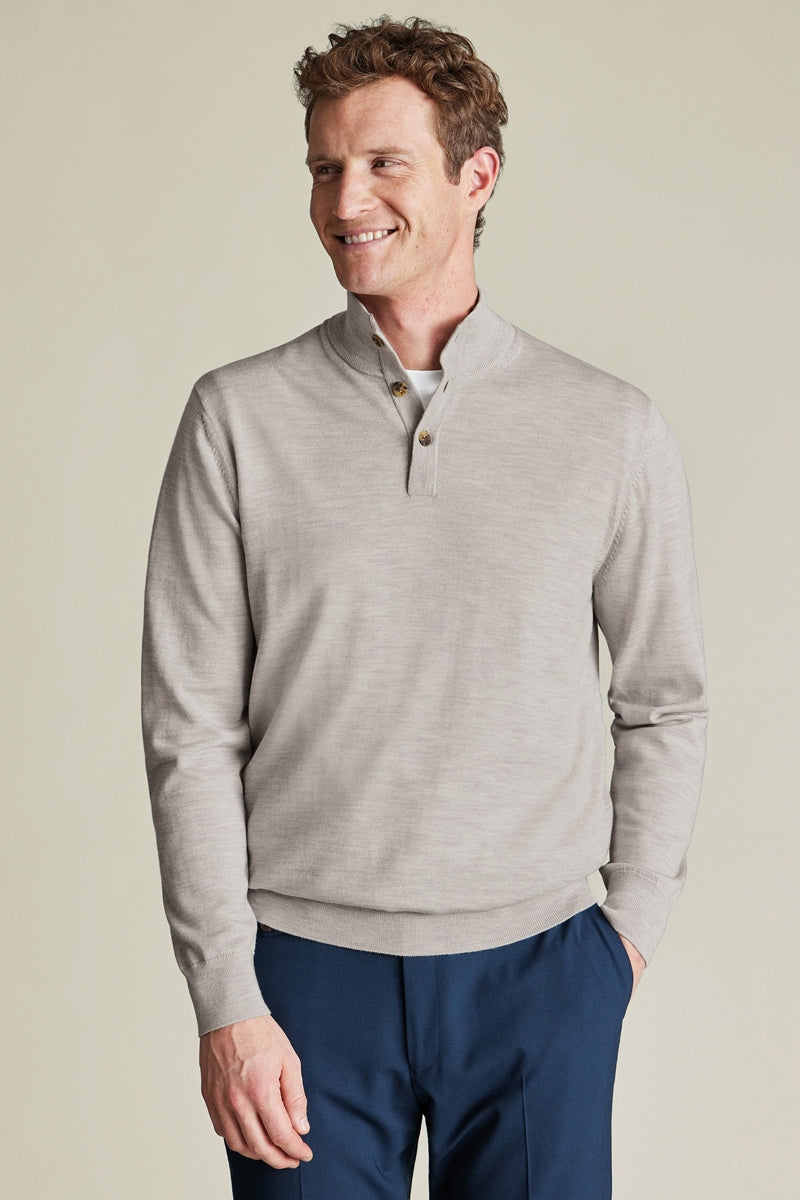 Wholesale,Charles Tyrwhitt, Charles Tyrwhitt Silver Grey Pure Merino Wool Button Neck Pullover, Grey, Medium-42-TagMLarge-45-TagLExtra Large-48-TagXLExtra Extra Large-51-TagXXL