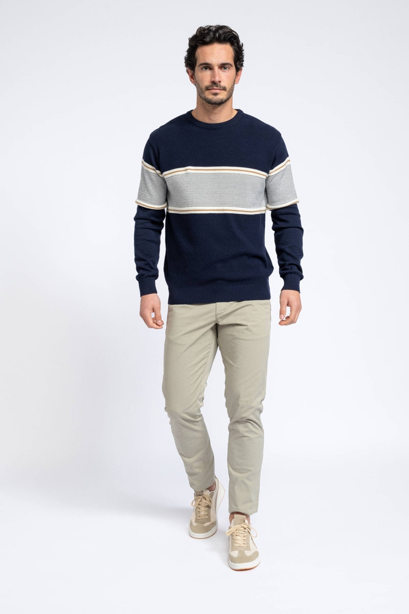 Faire,SMF, SMF Navy Colorblock Textured Knit Crewneck Sweater, Blue, Medium-40-TagMLarge-42-TagLExtra Large-44-TagXL