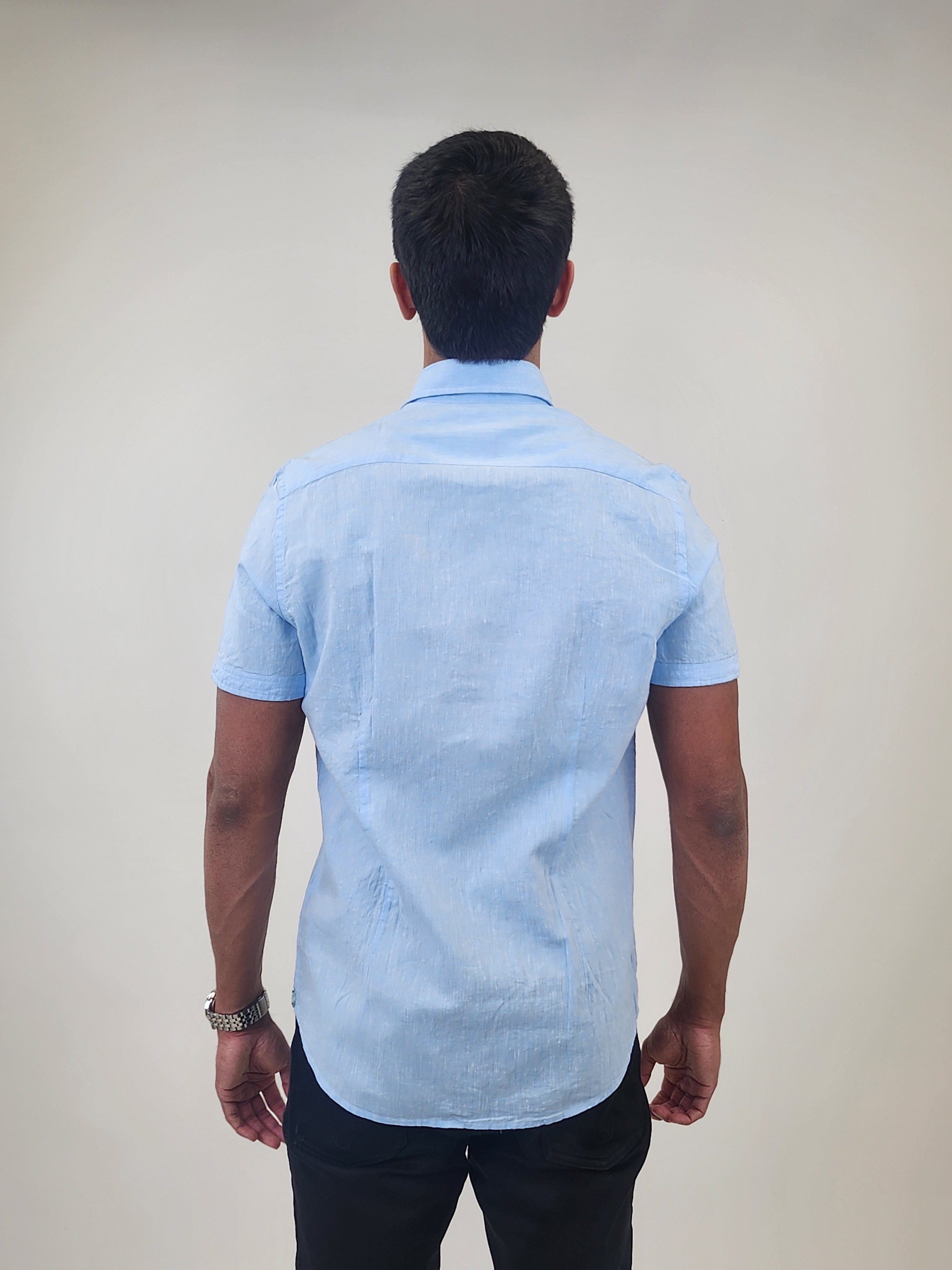 Brand Partner,R2 Amsterdam, R2 Amsterdam Light Blue Short Sleeve Linen/Cotton Blend Shirt, Blue, Medium-42-Tag40