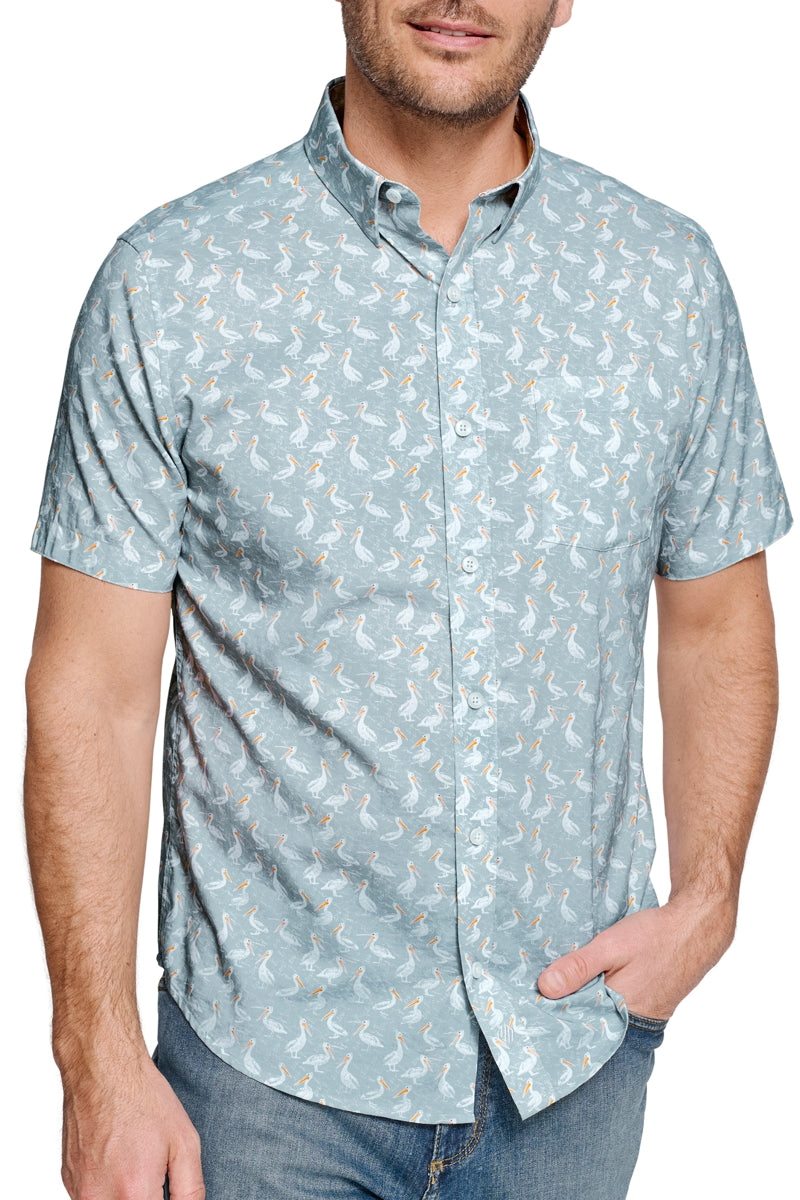 Wholesale,Johnston & Murphy, Johnston & Murphy Grey Pelican Print Airy Cotton Blend Shirt, Grey, Large-47-TagL