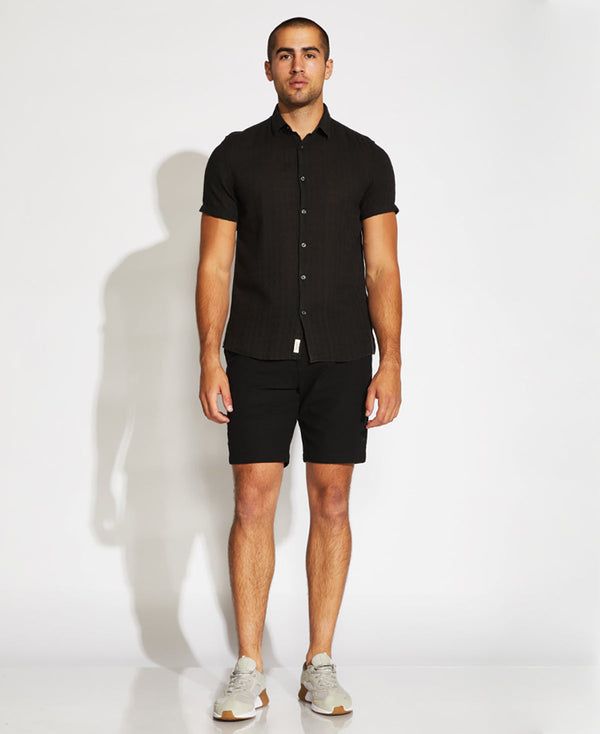 Civil Society Black Linen Blend Tailored 8" Shorts With Half Elastic Waistband