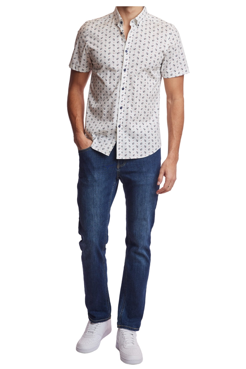 Wholesale,Paisley & Gray, Paisley & Gray White Fleur De Lis Print Short Sleeve Shirt, White, Large-46-TagXL