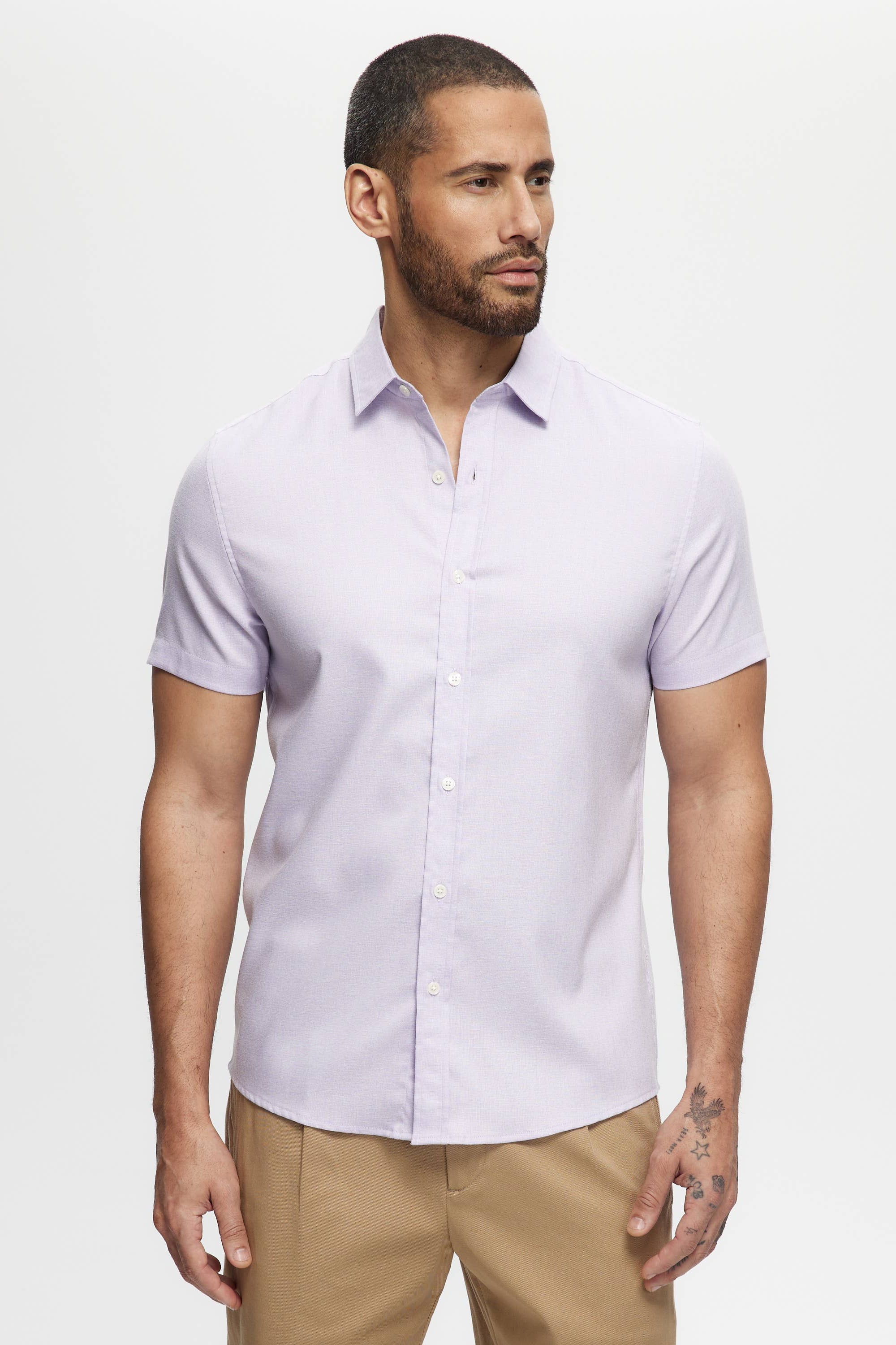 Faire,Julian & Mark, Julian & Mark Lilac Linen Like Short Sleeve Shirt, Purple, Medium-42-TagMExtra Large-48-TagXLExtra Large-52-TagXXLLarge-45-TagLSmall-40-TagS