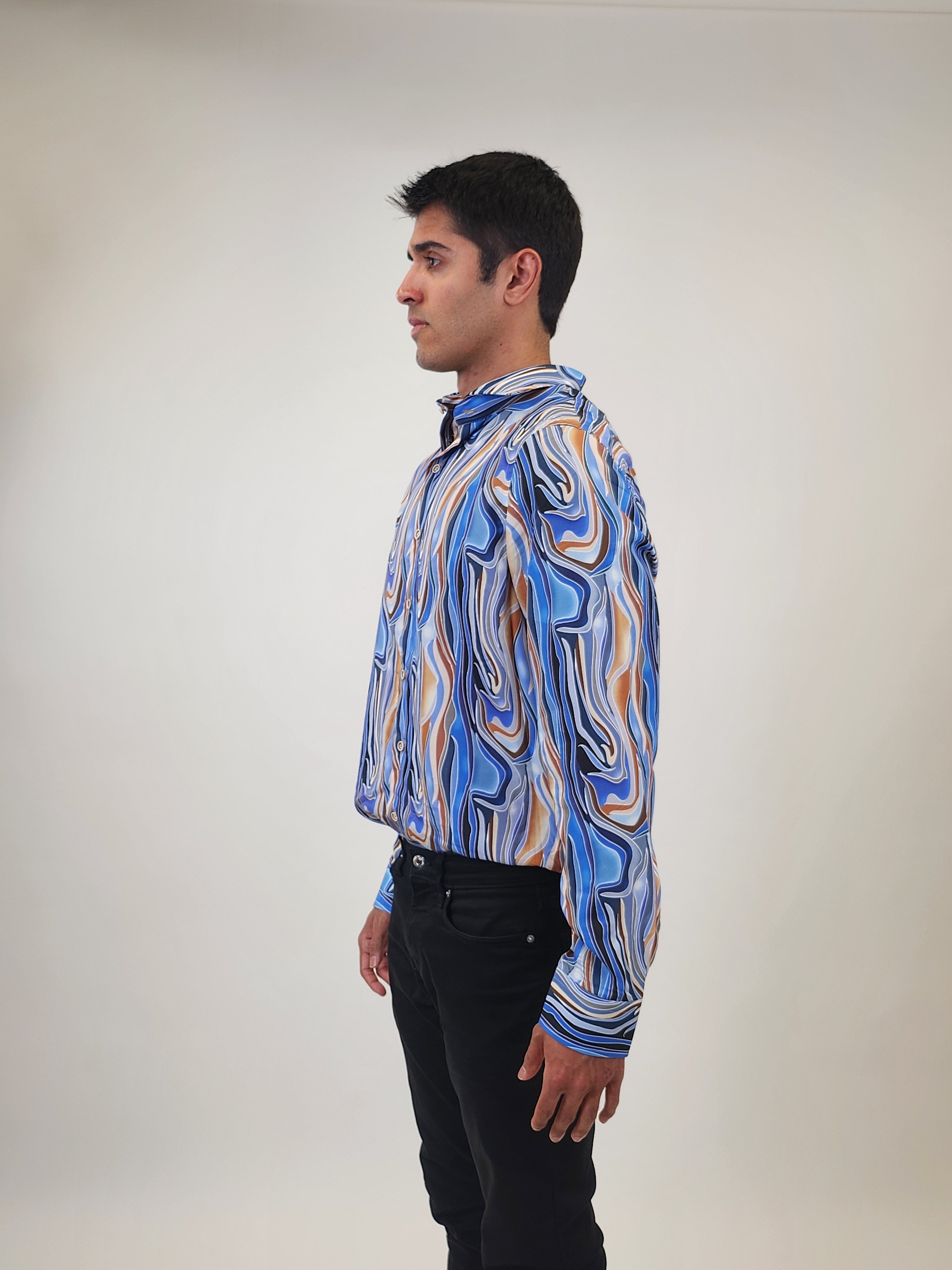 Brand Partner,R2 Amsterdam, R2 Amsterdam Blue Abstract Print Lyocell Shirt, Blue, Extra Large-48-Tag43