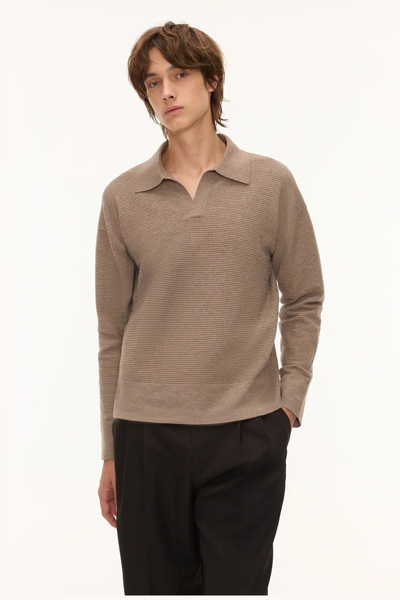 Direct From Brand,FYNE, FYNE Tan Waffle Knit V-neck Sweater Polo, Tan, Large-48-TagL