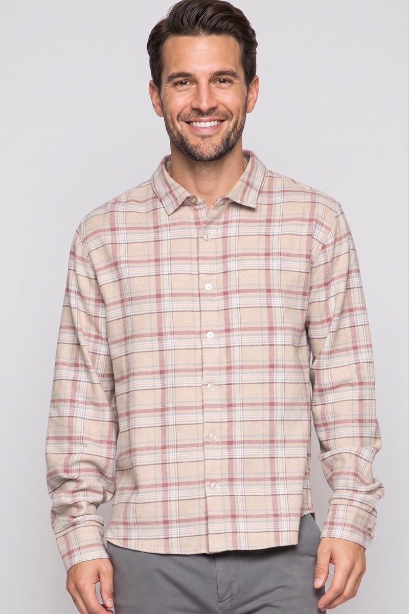 Wholesale,Fundamental Coast, Fundamental Coast Beige Plaid Knit Flannel Shirt, Tan, Medium-44-TagMLarge-47-TagLExtra Large-50-TagXL