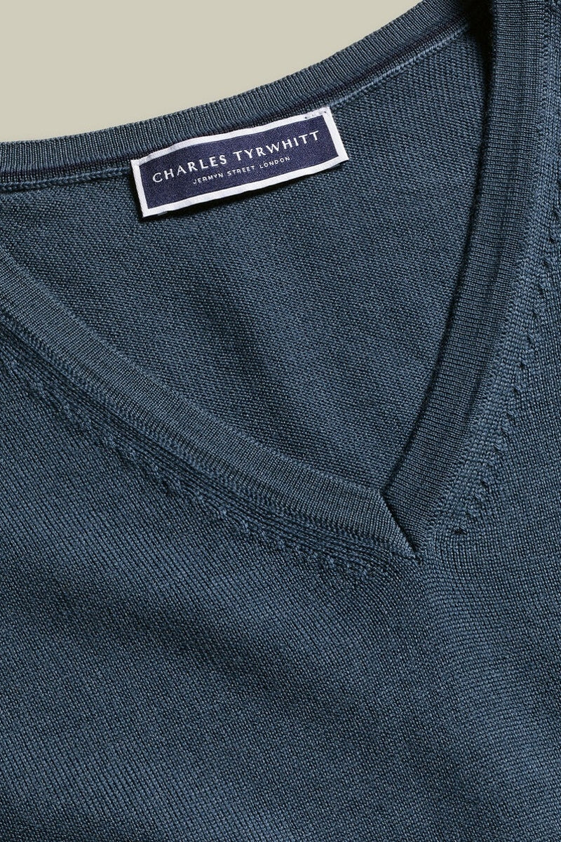 Wholesale,Charles Tyrwhitt, Charles Tyrwhitt Petrol Blue Merino Wool V-Neck Sweater, Blue, Extra Large-48-TagXL