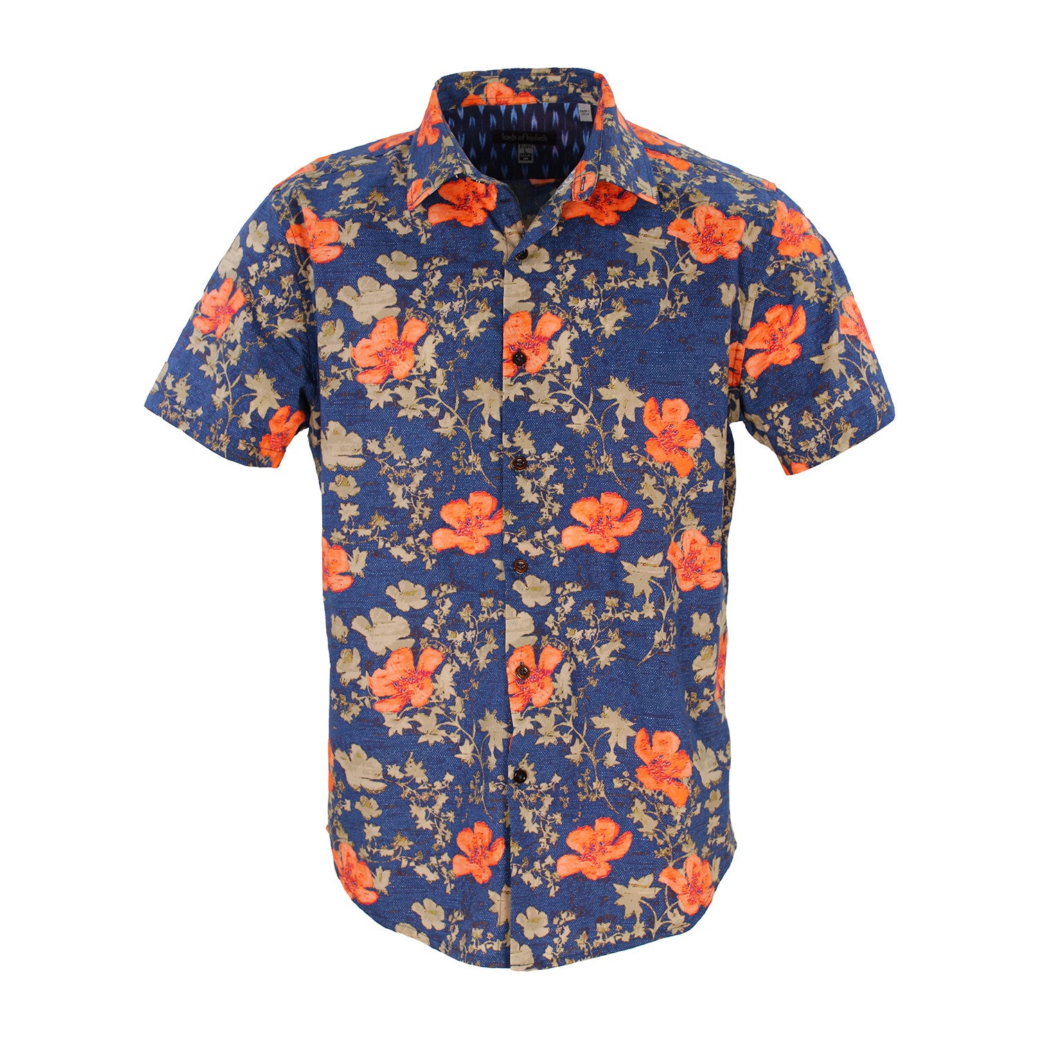Brand Partner,Lords of Harlech, Lords of Harlech Navy Hibiscus Print Mechanical Stretch Scott Oriental Button Up Shirt, Blue, Small-39-TagSMedium-42-TagMLarge-45-TagLExtra Large-48-TagXLExtra Extra Large-50-TagXXL