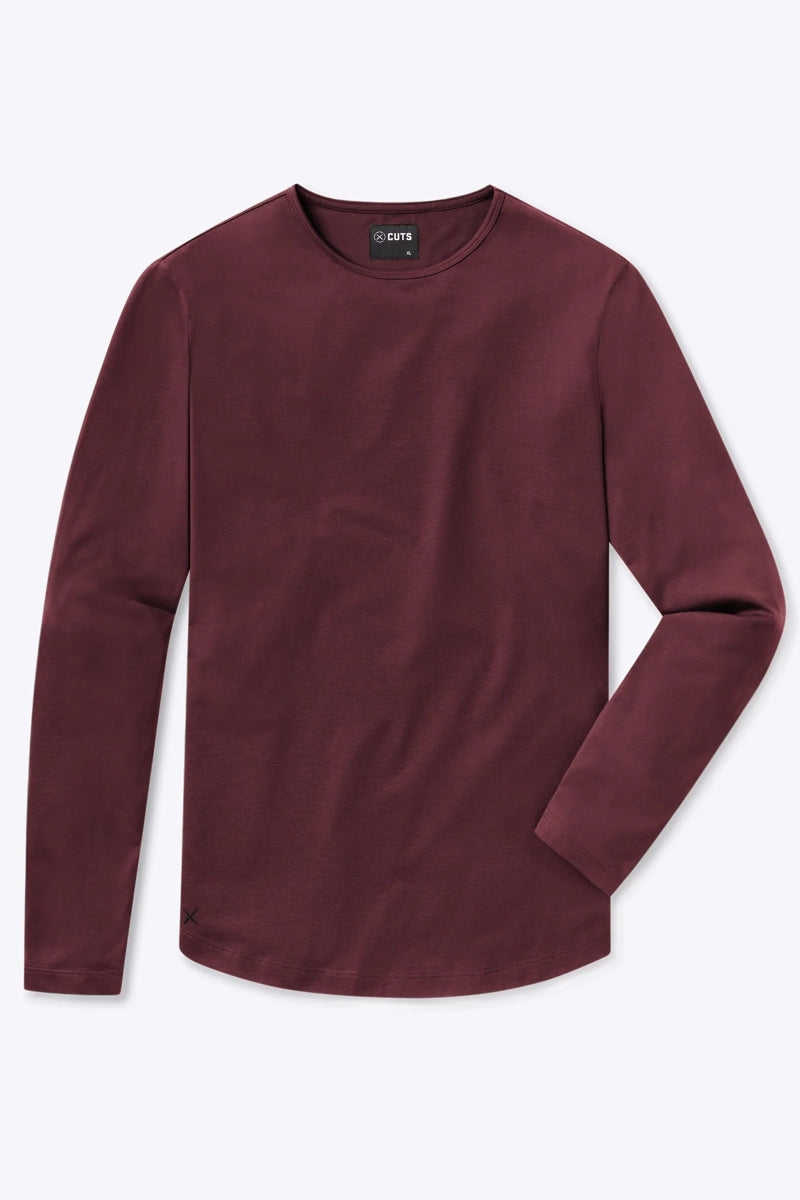 Wholesale,CUTS, CUTS Deep Cranberry Curve-Hem Buttery Soft Tee, Red, Small-39-TagSMedium-41-TagMLarge-43-TagLExtra Large-45-TagXL