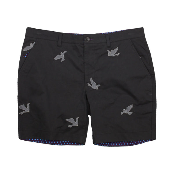 Lords of Harlech Black Embroidered Origami Birds Edward 7" Shorts with Butter Fabric in Peached Stretch Twill